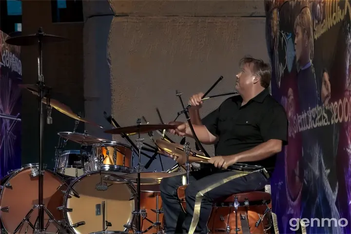 a man sitting on a stool next to a drum set