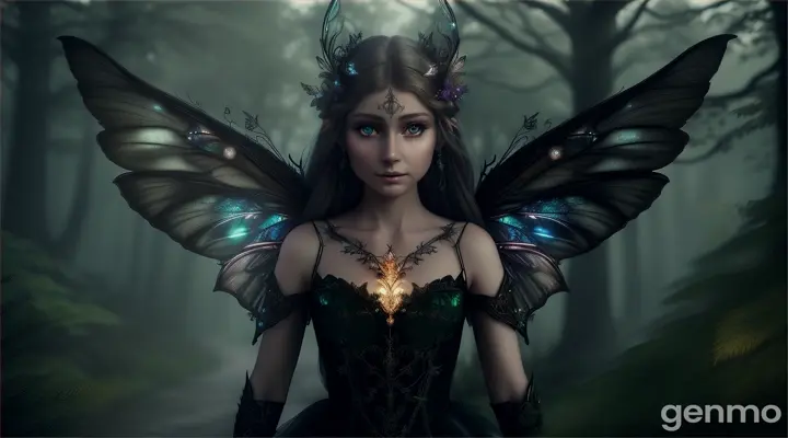 A fairy  Elara,  The surrounding forest is dark and mysterious, with shadows dancing around her as she leans in closer to decipher the ancient symbols. realistic, HD, Hight Quality, Fantasy illusion