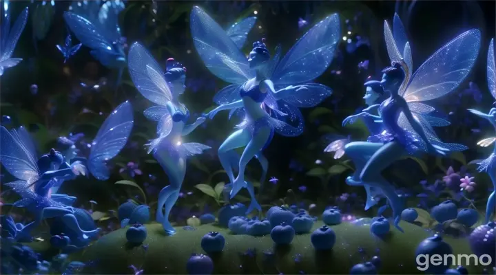 a group of sparkling fairies with shimmering wings standing on top of a lush blue berry garden