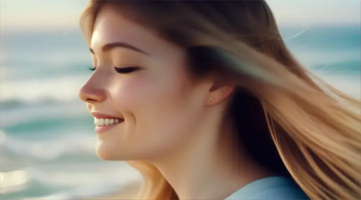 Close-up of a person with their eyes closed, smiling as they feel the refreshing sea breeze on their face, their hair gently blowing.
