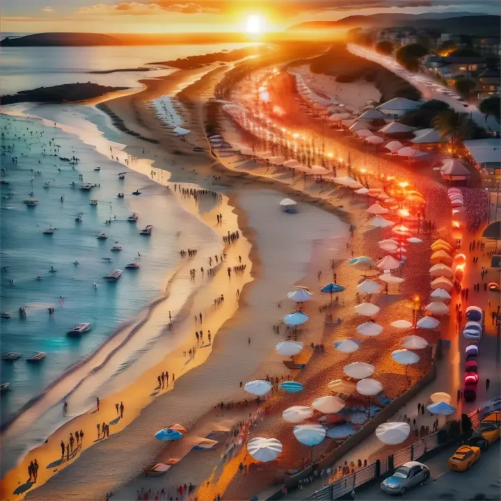 A time-lapse shot of the beach from dawn to dusk, showing people arriving, enjoying the day, and then a party starting as the sun sets.