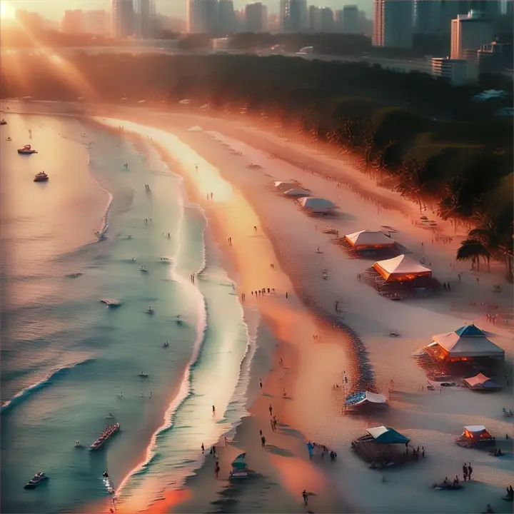 A time-lapse shot of the beach from dawn to dusk, showing people arriving, enjoying the day, and then a party starting as the sun sets.