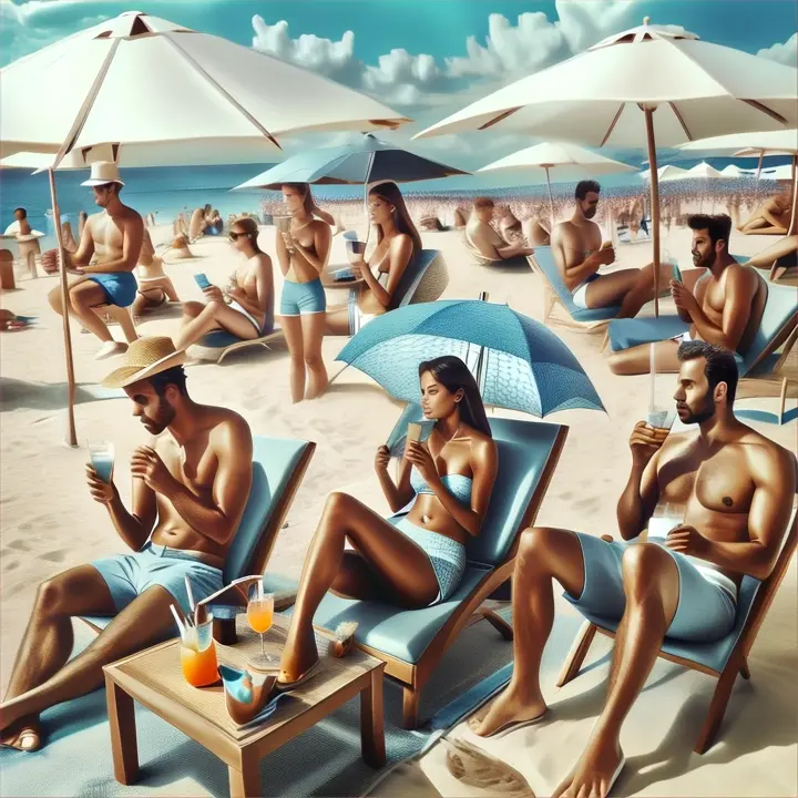 People lounging under umbrellas, sipping cold drinks, and using fans to cool off from the summer heat.