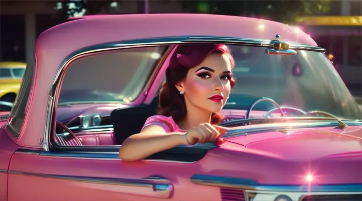 A woman in pink  driving a car with window wipers going