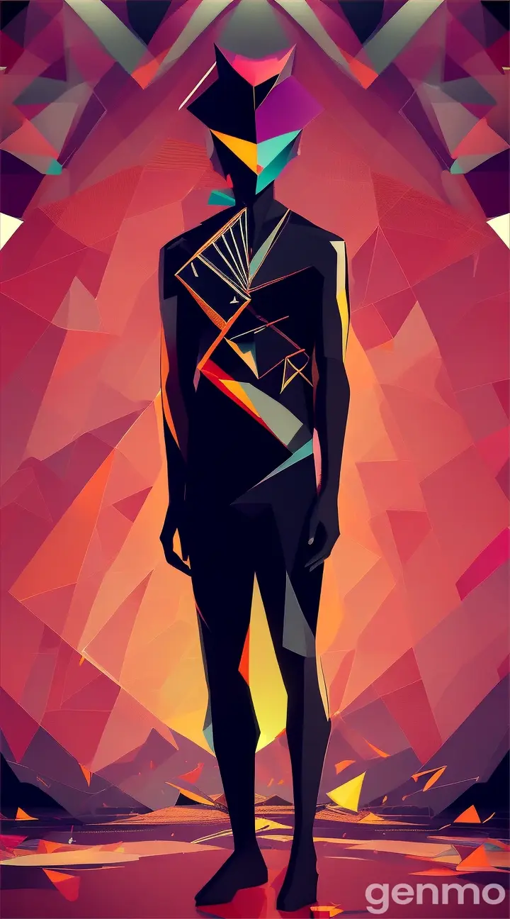 A geometric-style interpretation of a sunset, with a paper cutout figure of a black figure person shattered shapes and colors a person 