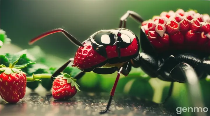 Supermacrophotography. A giant ant is moving his moustache and looking for a tiny boy, the size of a little finger, who hid on a bed under a bush with large strawberries.    Super detail, professional colour correction, detailed macro photography - 16:9