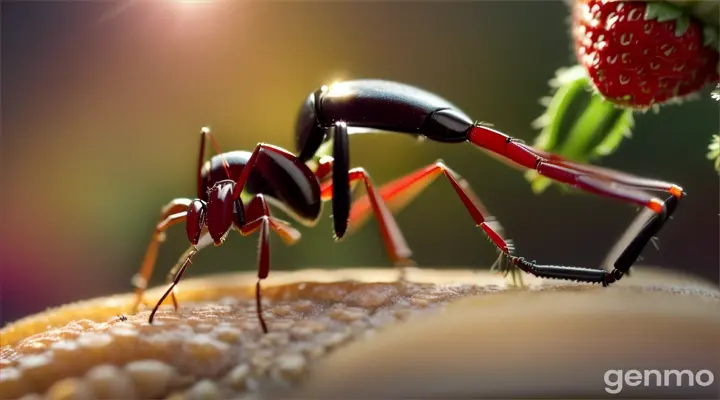Supermacrophotography. A giant ant is moving its moustache and looking for a tiny boy the size of a little finger, who is hiding in a bed under a bush with large strawberries. The ant is 4 times the size of the boy . Super detail, professional colour correction, detailed macro photography - 16:9