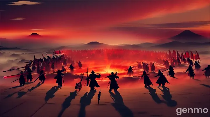 Undead samurai warriors dressed in tattered samurai armor under a fiery red sky, led by a black necromancer engage in a magical and honorable fight with long menacing shadows