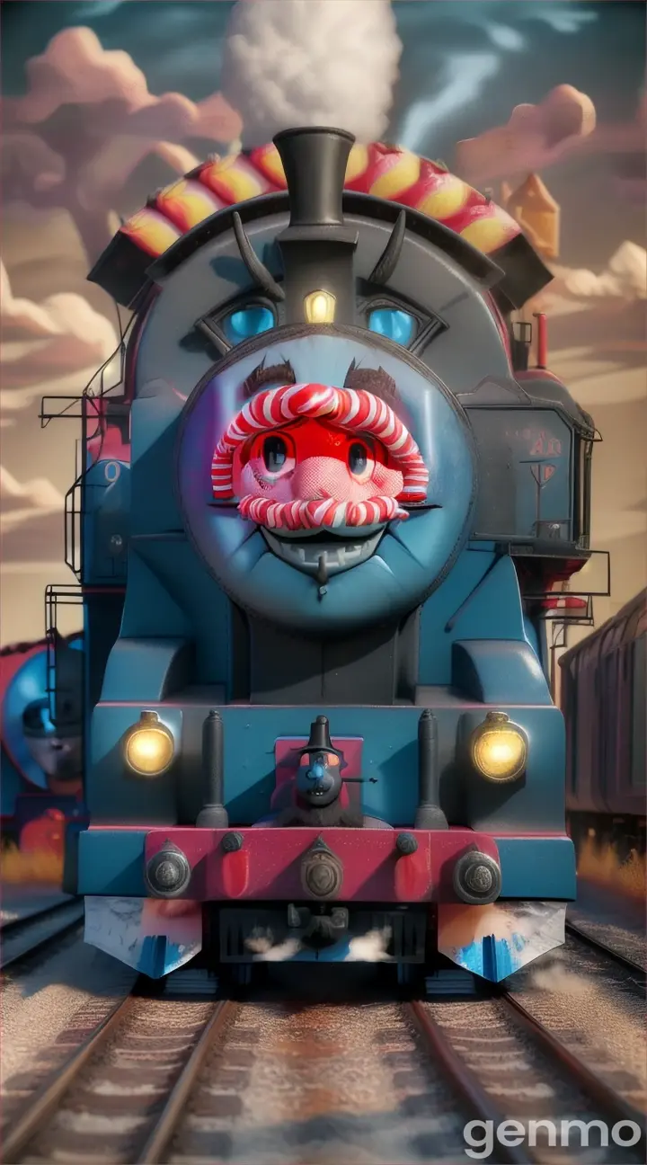 Create a THOMAS THE TRAIN with SHARP TEETH, bull horns background in candy land
