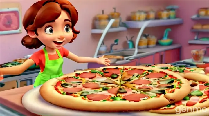 a young girl standing in front of a pizza