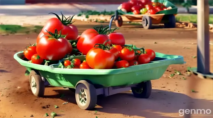 a green wheelbarrow filled with lots of tomatoes