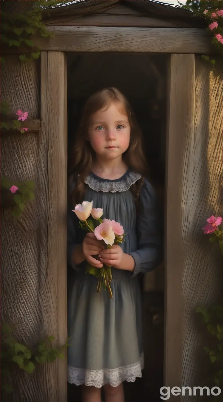 A young girl named Emily, with a determined look, knocking on the old wooden door of Agatha's cottage at dusk."