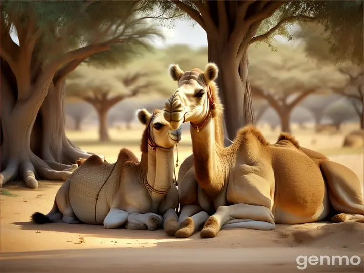 Under the shade of a tree, a mother camel and her baby were lounging together.