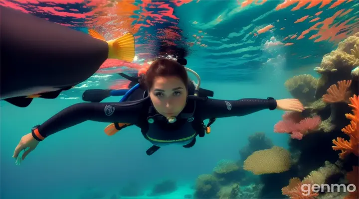 a woman in scuba gear swimming towards you underwater over a coral reef