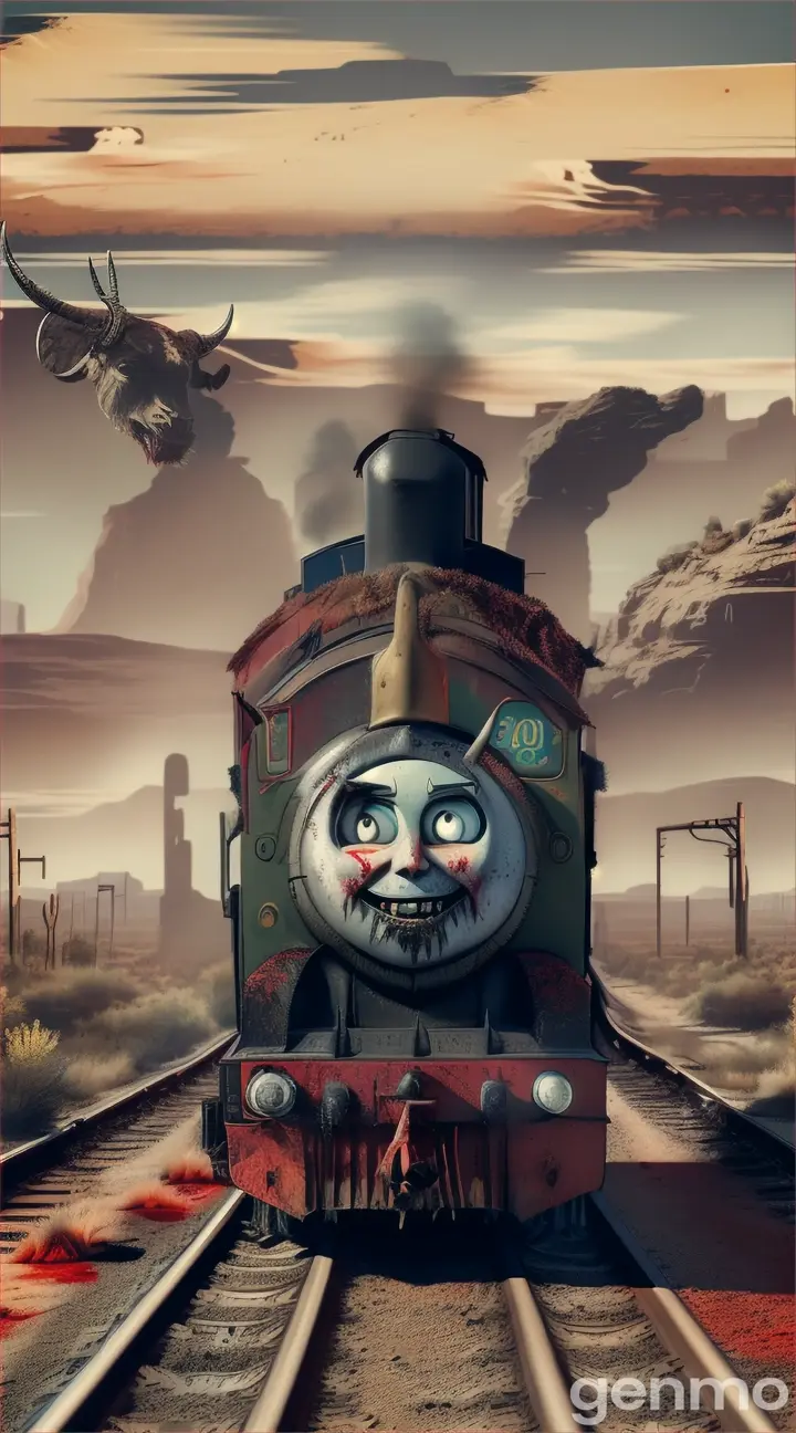 Create a THOMAS THE TRAIN with SHARP TEETH, bull horns background in zombie land