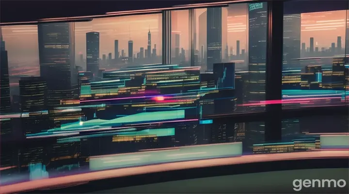 "A room devoid of individuals but filled with the aura of intense trading. A single screen dominates the scene, displaying real-time trading data. Through the glass window, the cityscape adds a sense of context to the trading environment.". 16:9
