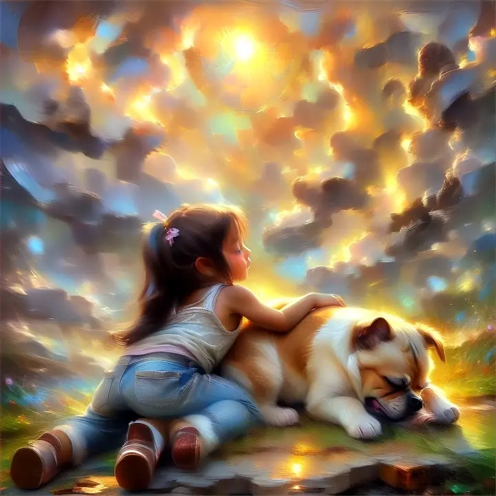 a painting of a little girl hugging a dog