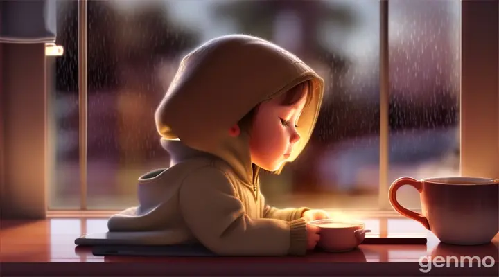 A child on a rainy day, cuddled up with a blanket and a cup of hot chocolate, listening to jazz music on her tablet, eyes closed, Digital AI Image