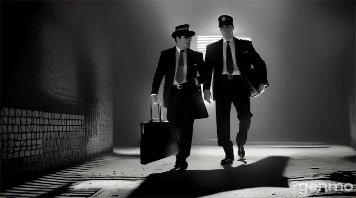 Two uniformed policemen are smiling at the open briefcase on the table full of dollars.
Style: black and white noir, in the style of Frank Miller's film "Sin City".