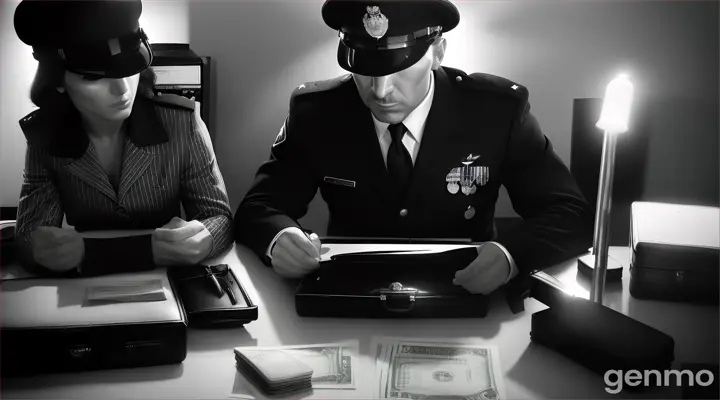 Two uniformed policemen are smiling at the open briefcase on the table full of dollars.
Style: black and white noir, in the style of Frank Miller's film "Sin City".