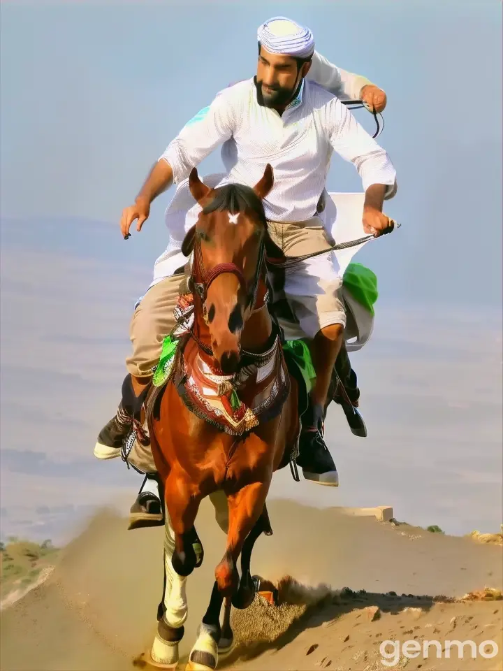 a man  muslim riding on the back of a brown horse