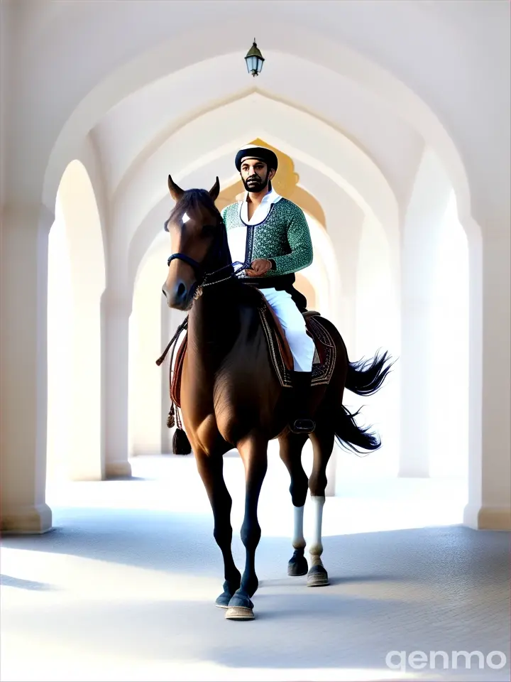 A Muslim man riding on a brown horse in an ornate Arabian courtyard with archways and gardens.