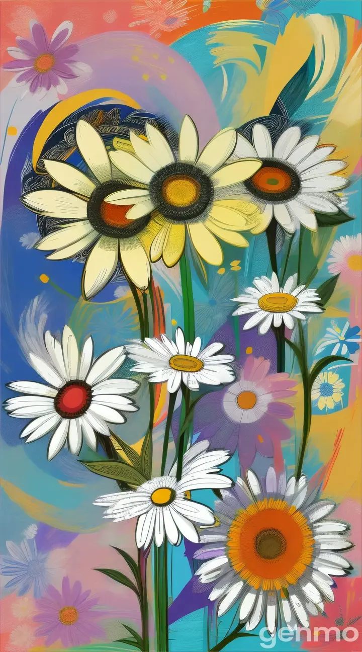 57.  
Drawing: three stylized daisies in the style of Picasso on an abstract expressionist background with blots and strokes.  Рисунок: три стилизованные ромашки в стиле Пикассо  На  абстрактном экспрессионистском фоне с кляксами и штрихами. 
