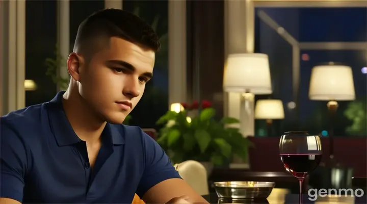 at night, at the hotel poach, a young man with buzz cut hair cut in dark blue polo shirt sitting at a table with a glass of wine