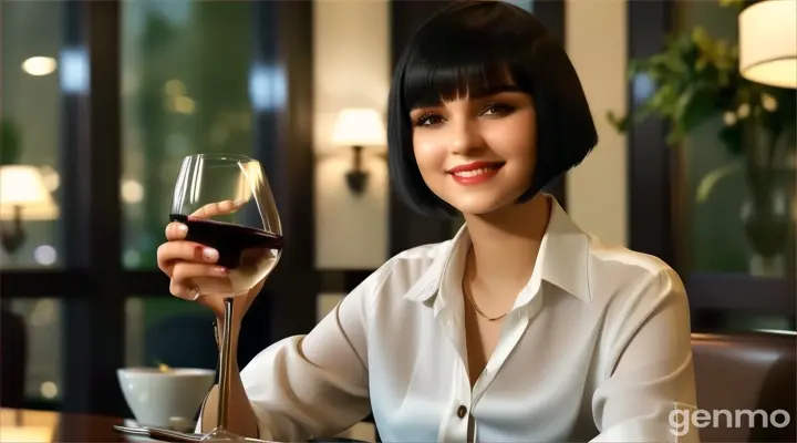 at night, at the hotel poach, a smiling young woman with Black Bob Cut Hair in cream blouse shirt sitting at a table with a glass of wine