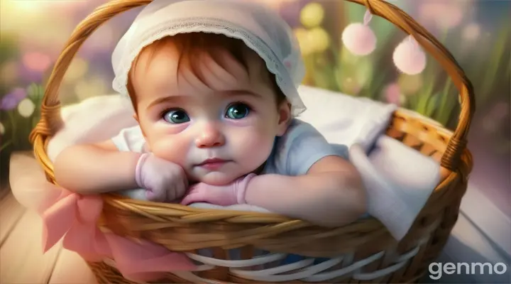 Cartoon very beautiful 2 days old baby girl in basket of in beautiful leak