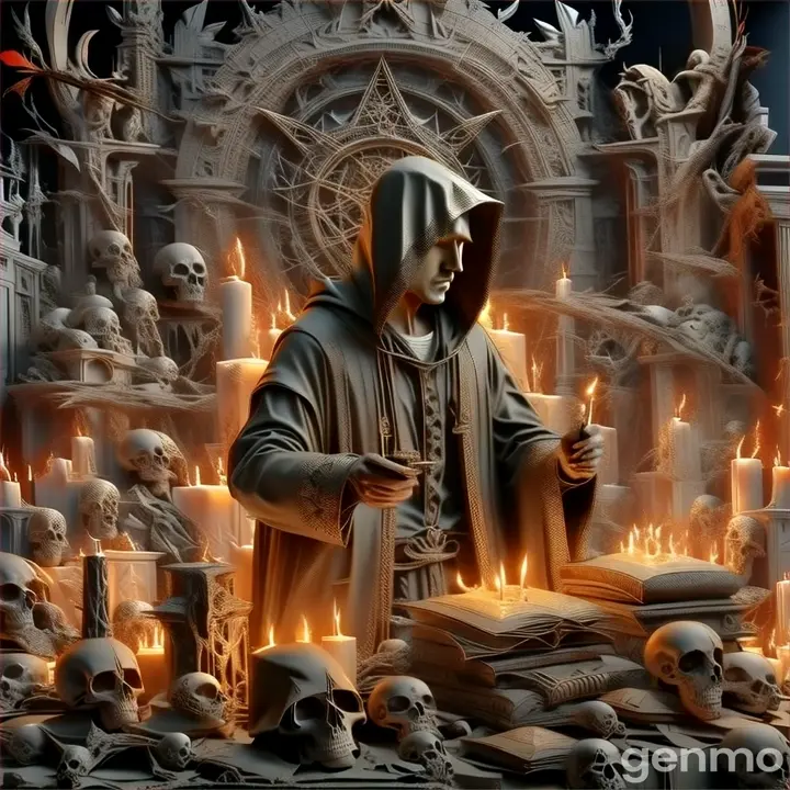 a man in a hooded jacket surrounded by skulls and candles