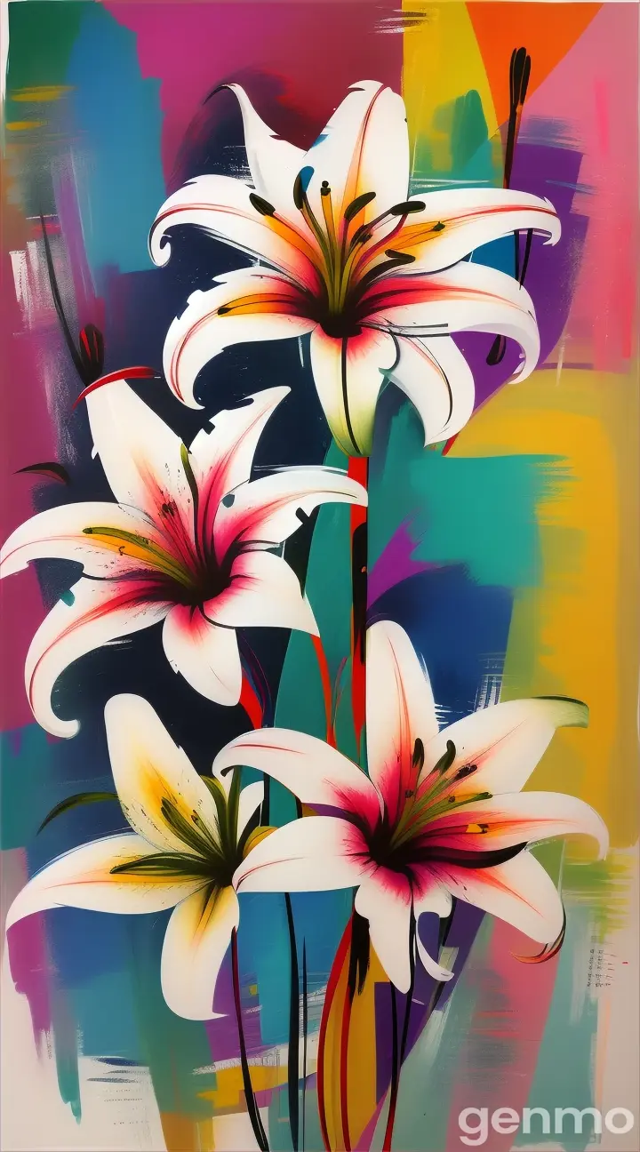 58.  
Drawing: three stylized lilies in the style of Picasso on an abstract expressionist background with blots and strokes.  Рисунок: три стилизованные лилии в стиле Пикассо  На  абстрактном экспрессионистском фоне с кляксами и штрихами. 

