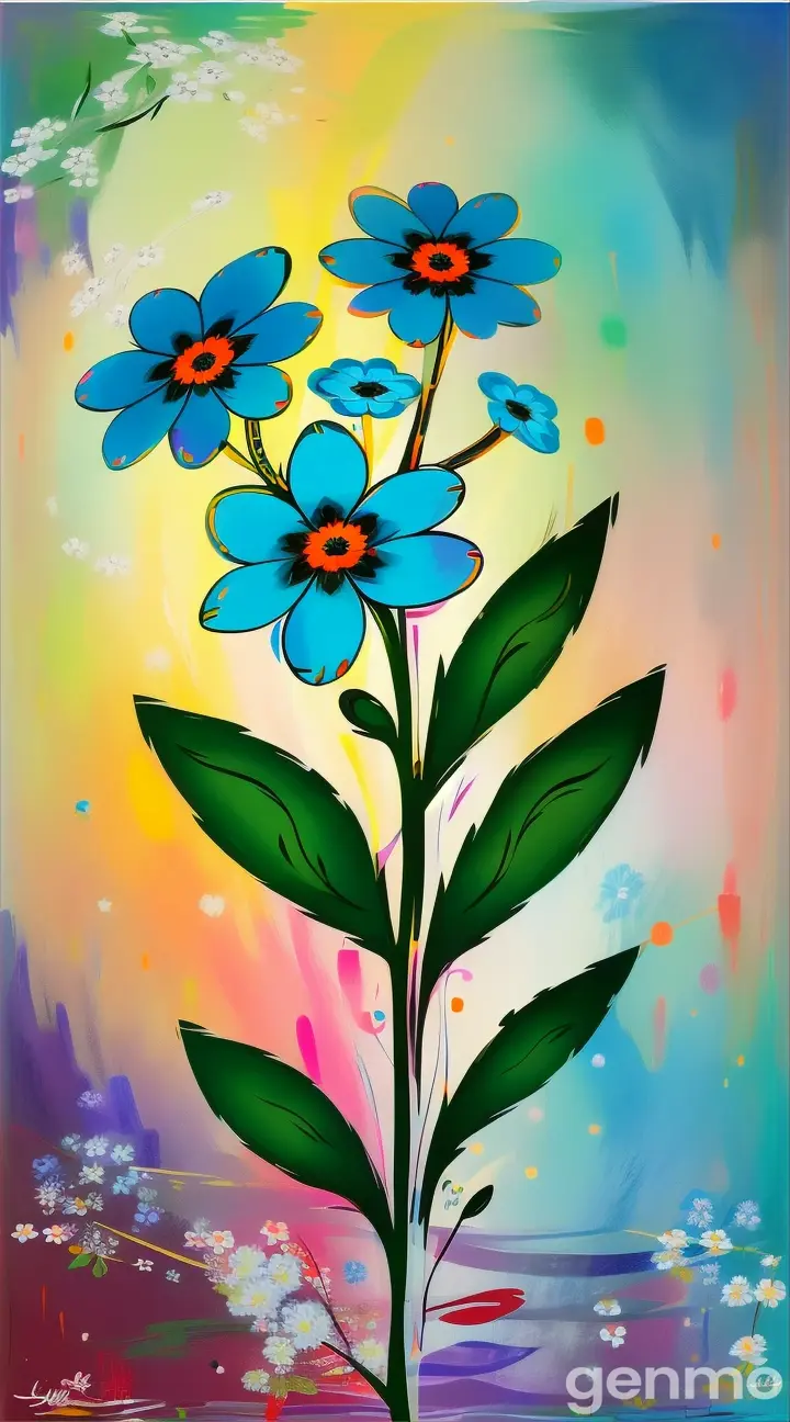 111. 
Drawing:  stylized forget-me-not flower in the style of Picasso on an abstract expressionist background with blots and strokes.  Рисунок:  стилизованный цветок незабудка в стиле Пикассо  На  абстрактном экспрессионистском фоне с кляксами и штрихами. 
