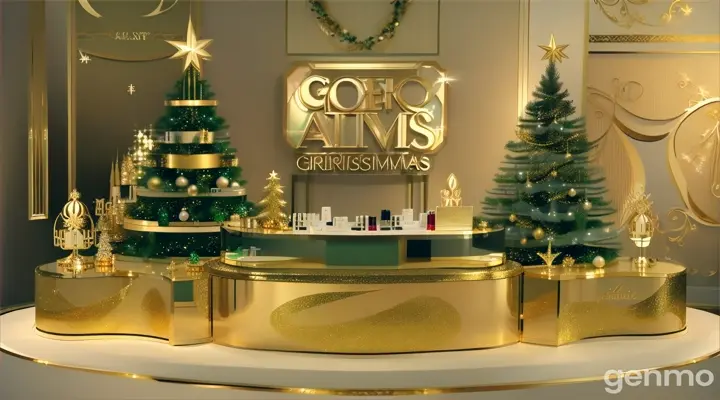 graceful beige product display podium on green fir and shiny golden glitters background, for cosmetic, Christmas gift, winter holiday presents and beauty related product show and display 16:9