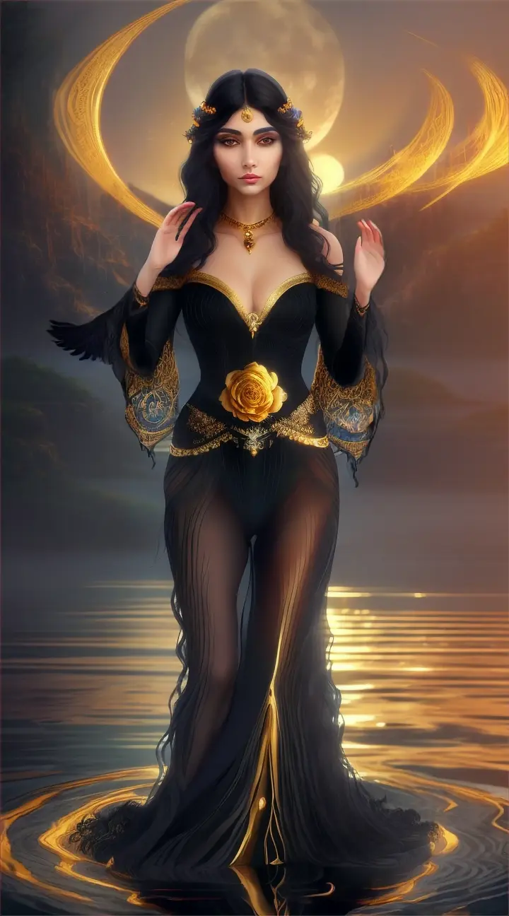"A mesmerizing digital painting captures the essence of an enigmatic woman with raven-black wavy hair, exuding an air of mystique and charm. Her captivating expression and mesmerizing gaze draw viewers into her mysterious world. The woman dons a stunning golden rose accessory, which accentuates her beauty and draws attention. The intricate patterns and golden accents, reminiscent of Gustav Klimt's style, exude an aura of elegance and opulence. Perched regally on a rock, she gazes into the calm waters of a moonlit lake. The tranquil surface reflects the soft, otherworldly moonlight, blurring the lines between reality and imagination. This enchanting scene of serenity and allure invites viewers to immerse themselves in the dreamlike beauty of this captivating moment"


