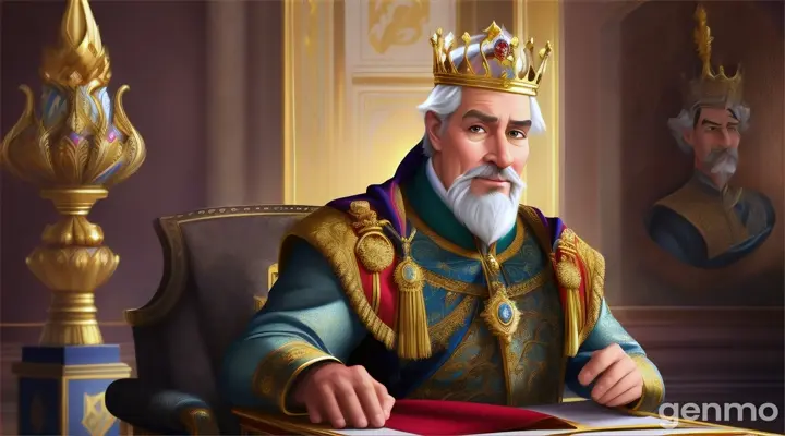 Cartoon very beautiful 60 years old king in royal palace 