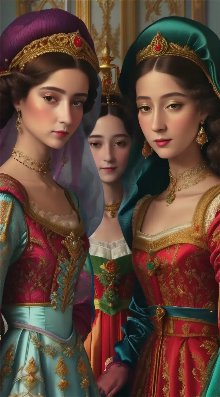 "A captivating portrait of four identical twin girls, each dressed in a unique silk Renaissance-era gown. They are standing together, showcasing their distinct styles: one in a vibrant red dress with gold accents, another in a regal blue gown with silver embroidery, the third in a delicate white dress adorned with intricate lace patterns, and the fourth in a stunning emerald green gown with golden threads. Their smiling faces and lively expressions convey a sense of playfulness and joy. The background features a soft gradient of warm, golden hues, creating a warm and inviting atmosphere"

