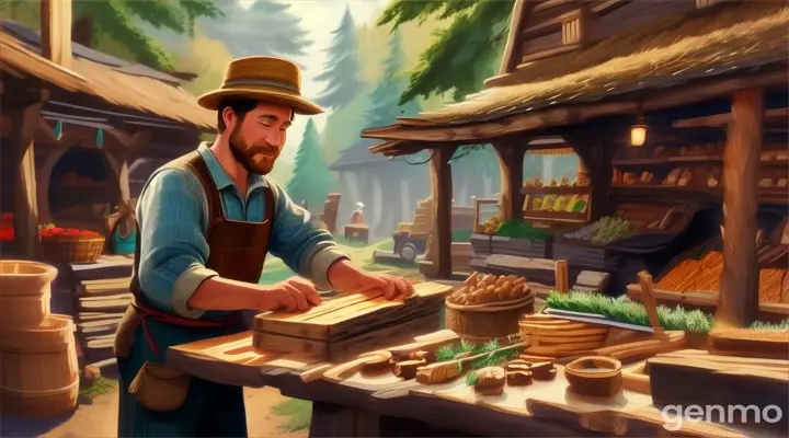 make an animated video of a hardworking woodcutter   selling wood in the village market