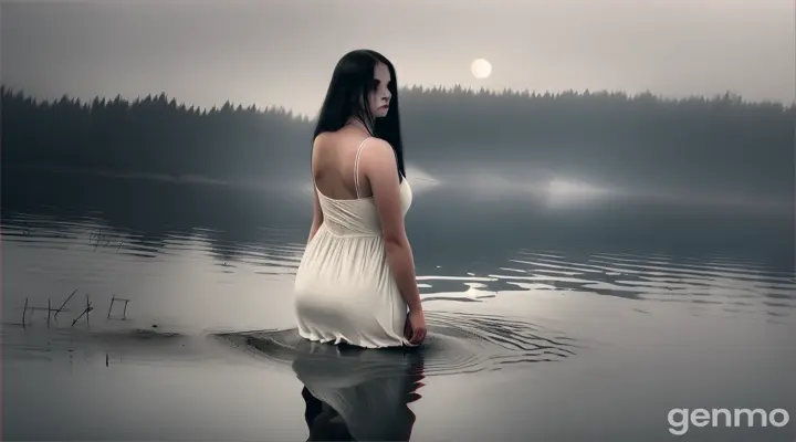 A horror minimalistic aesthetic cinematic of a mysterious calm empty lake, thick fogs, moonlit night, a without face female ghost extremely white pale dry skinned, red bleeding eyes, long black hair, in white dirty worn out long dress, emerge from the middle of the lake, low view angle sharp focus, rainy, by Marc Simonetti & Yoji Shinkawa & WLOP, paint drops, rough edges, trending on artstation, studio photo, intricate details, highly detailed