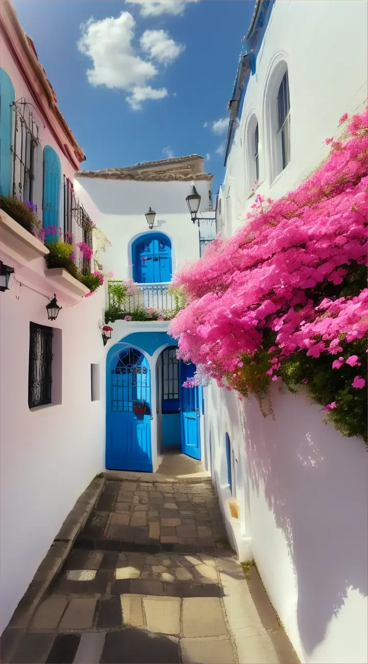 A whitewashed building with a blue door and window is adorned with vibrant pink flowers. The building is located on a cobblestone path that leads down to a beautiful blue sea. The sea is sparkling under a bright blue sky with fluffy white clouds. In the distance, a sailboat glides across the water. The scene is bathed in warm sunlight, creating a sense of tranquility and beauty.oil painting, Strada Lunga in Sibiu - This small but beautiful street is lined with flowers and is one of the most distinctive landmarks in Sibiu., 3d render"



