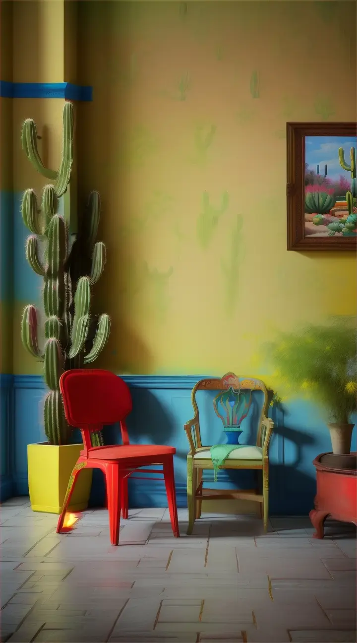 A red chair sitting in front of a yellow and blue wall, a picture, lush green cactus, maxim sukharev, nature colors, blue and yellow, highly detailed, perfect wide long shot visual by @challenge2pt masterpiece