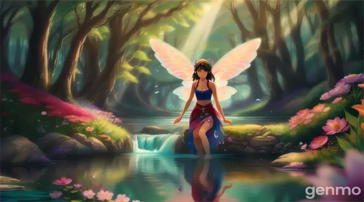 make an animated video of From a river a beautiful fairy emerged, her wings shimmering in the sunlight.