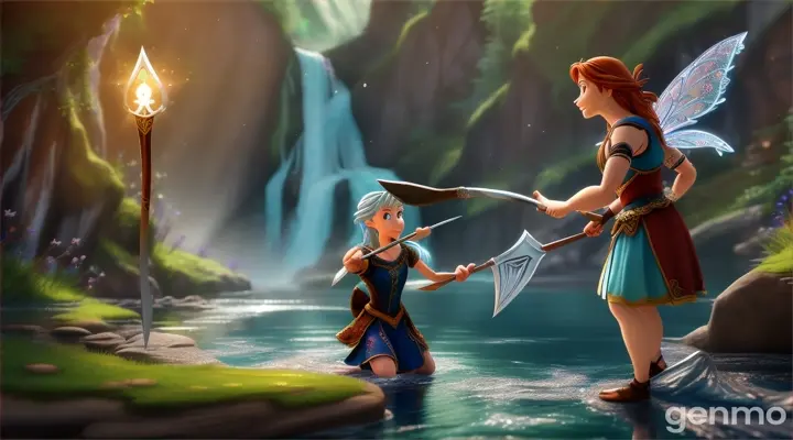 make an animated video of :A fairy giving a Silver axe to a man . Make background of a river