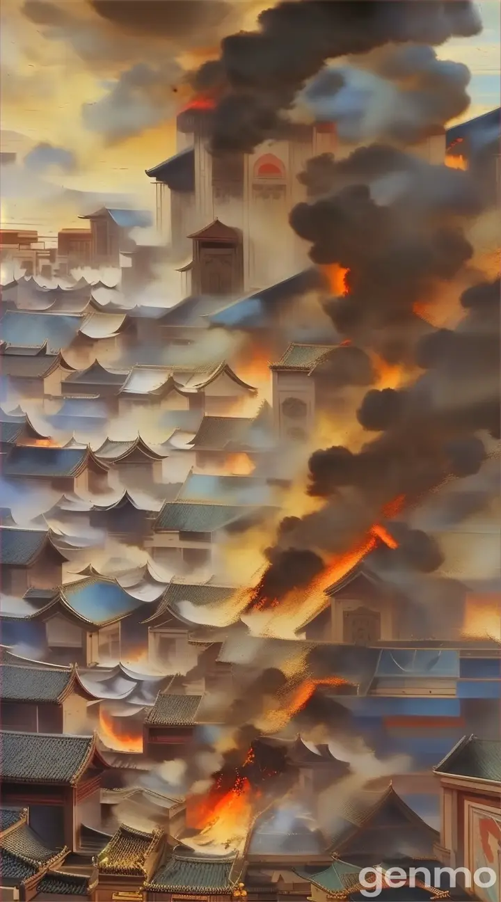 a painting of a fire burning in a city