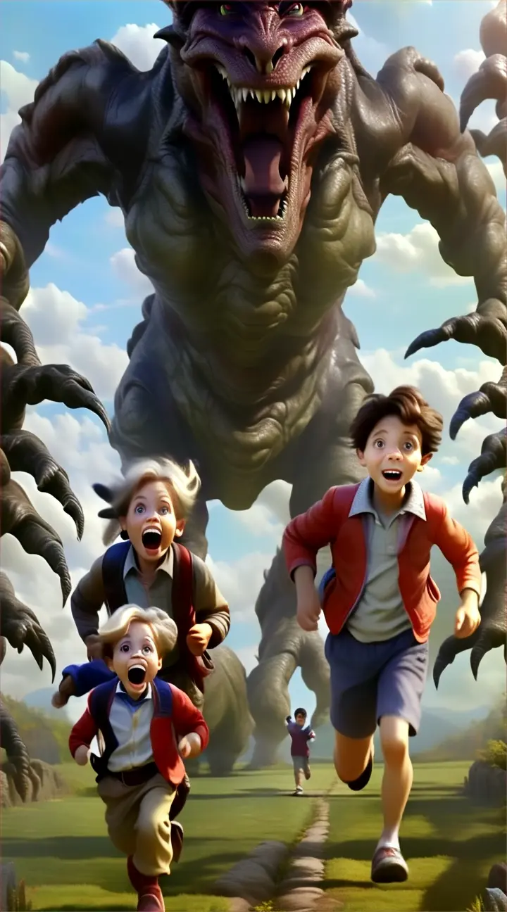 an old woman and little boy running in front of a giant monster