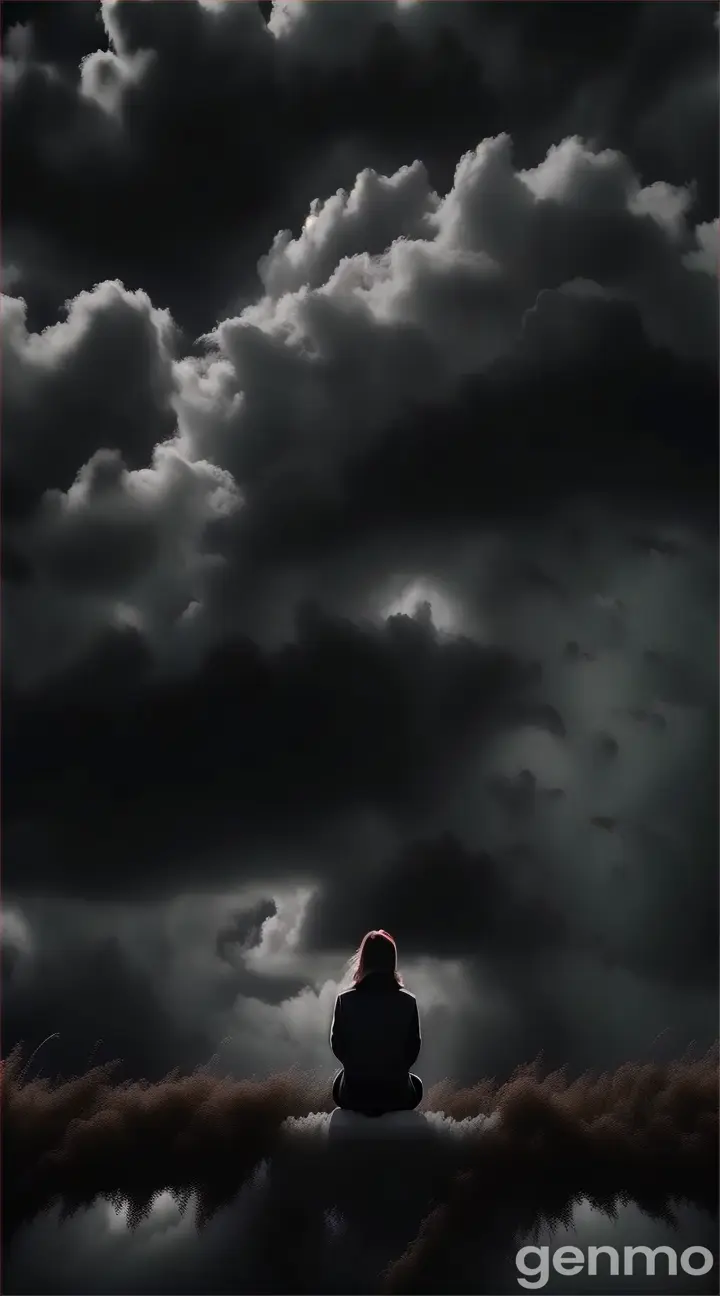 a person sitting in a field under a cloudy sky