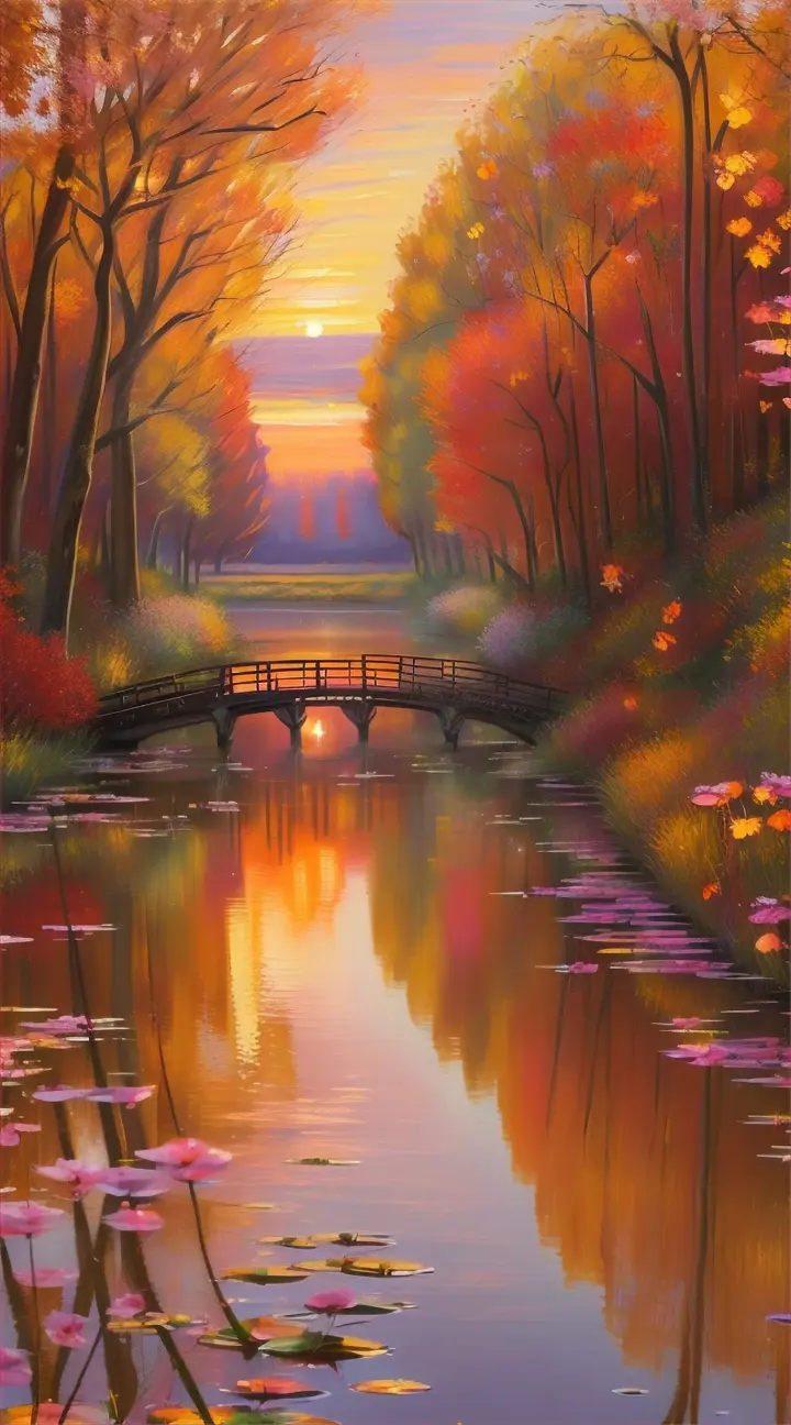 
A stunning impressionist painting inspired by Claude Monet, depicting a serene late autumn evening by a tranquil river. The sky is a

blend of warm oranges and pinks, reflecting on the still water. In the foreground, the riverbank is adorned with tall, golden-hued grasses and a few remaining vibrant leaves on trees. A small wooden bridge arches over the river, with a dimly lit lantern hanging below. The overall atmosphere of the painting is calm and peaceful, evoking a sense of beauty in the transient nature of the season., painting