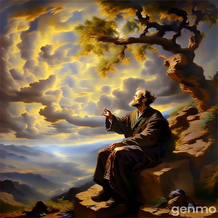 elijah  painting of a man sitting on a rock