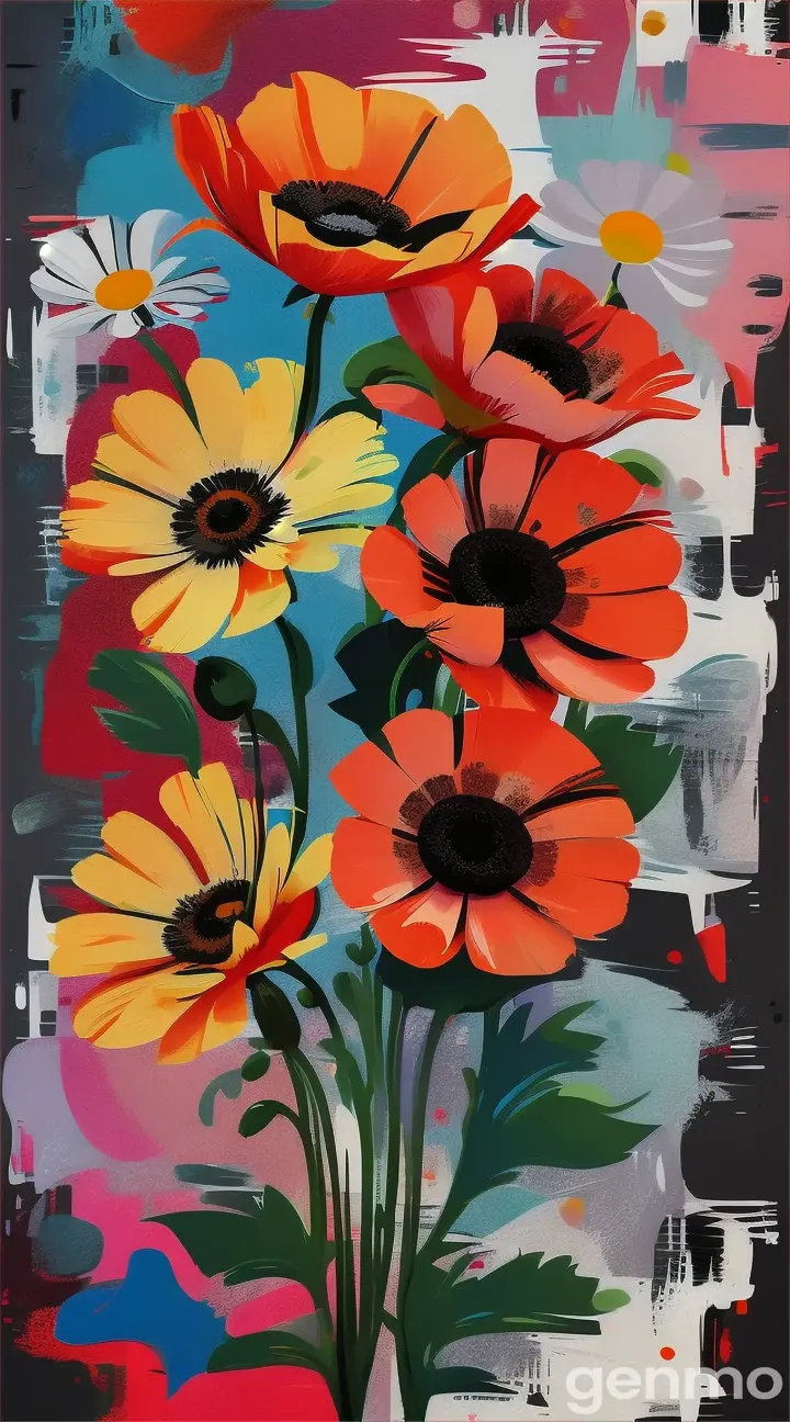 333. 
a small bouquet of stylized poppies and daisies in pop art style. On an abstract expressionist background with blots and strokes.  Рисунок:  малый букетик из стилизованных маков и ромашки в стиле поп-арт  На  абстрактном экспрессионистском фоне с кляксами и штрихами. 
