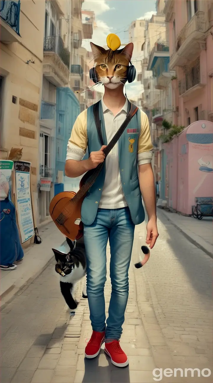 “9x16 canvas, “Caricature of a young man with a cat head, wearing headphones, walking on the streets of Istanbul with a guitar bag in his hand, waving his tail, people and cats around, sea in the background, summer season, street vendors, flying seagulls, sky, soft colors, moebius, Kilian Eng' In the iconic style of. mœbius, inspired by Moebius, inspired by Mœbius, in the style of moebius, ghibli moebius, by Simon Marmion, by Robert Freebairn, by André Beauneveu”